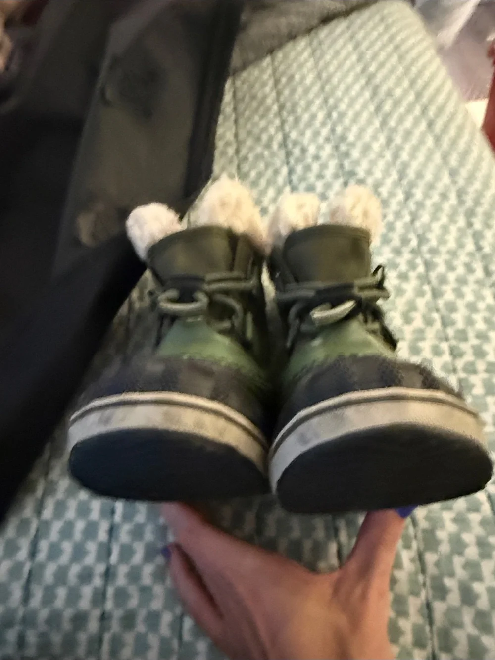 Sorel Kids Green and Black Waterproof Winter Boot with Cream Faux-Fur Cuff